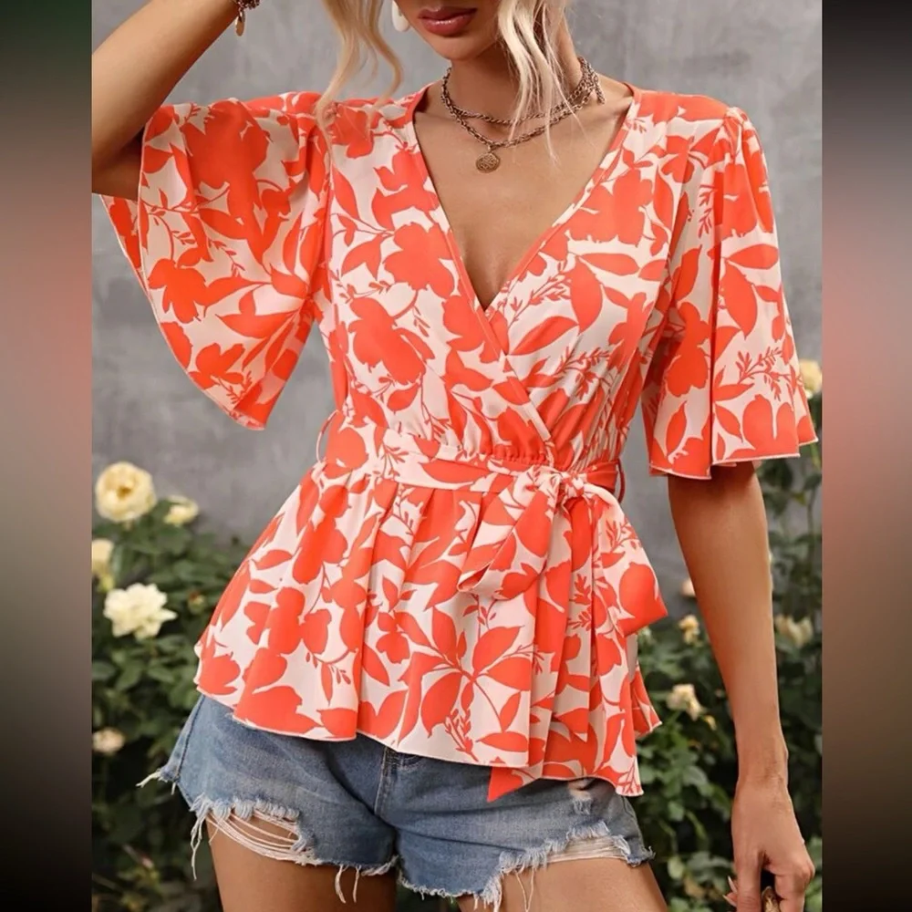 Boho floral print butterfly sleeve belted blouse - Picture 9 of 12